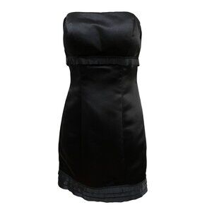 Bari Jay Strapless Black Satin Mini Dress W/ Pleated Trim Built-In Bra Cups Full